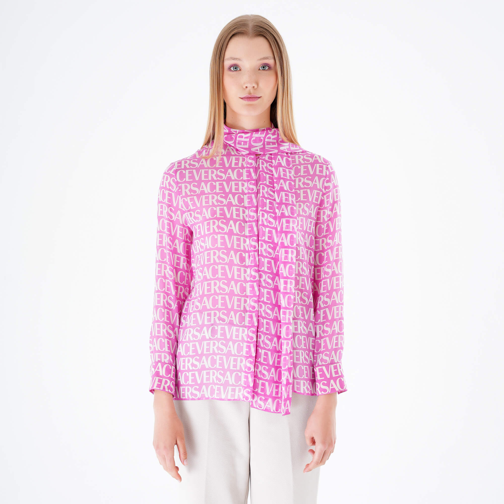 Versace - Logo Printed Silk Chiffon Blouse in Pink IT42